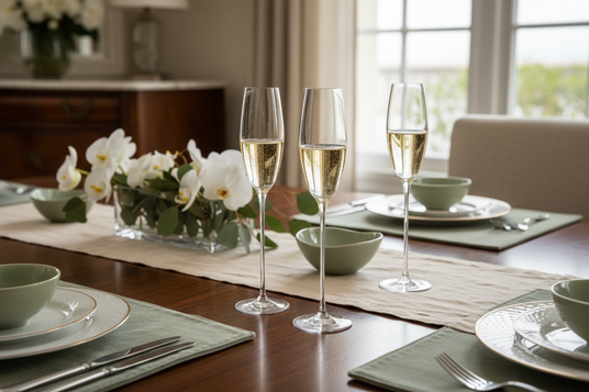 Dining table set with wine glasses, plates, and a floral centerpiece.