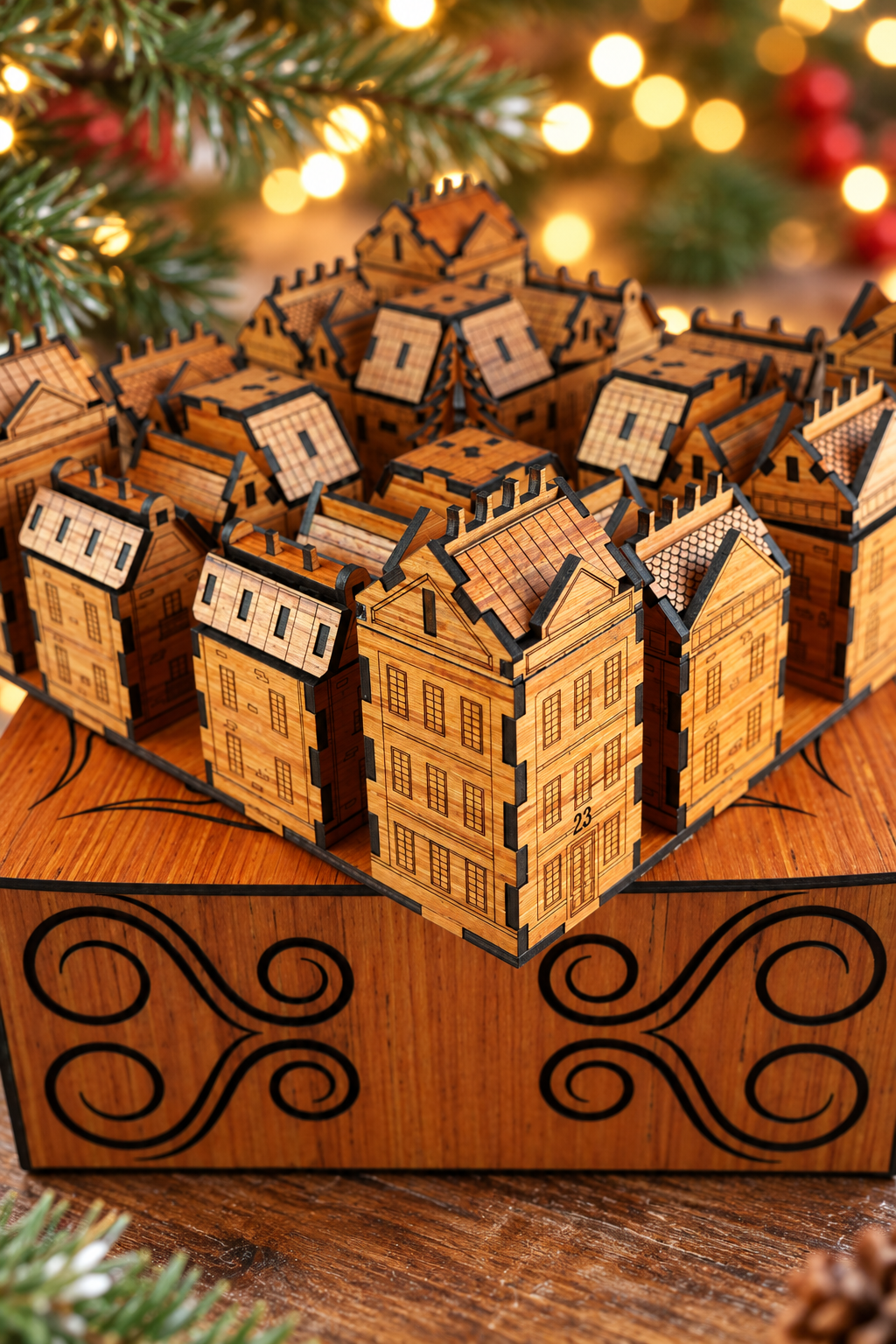 Close-up of the cherry wood Advent Village houses, showing engraved architectural details in a festive setting.