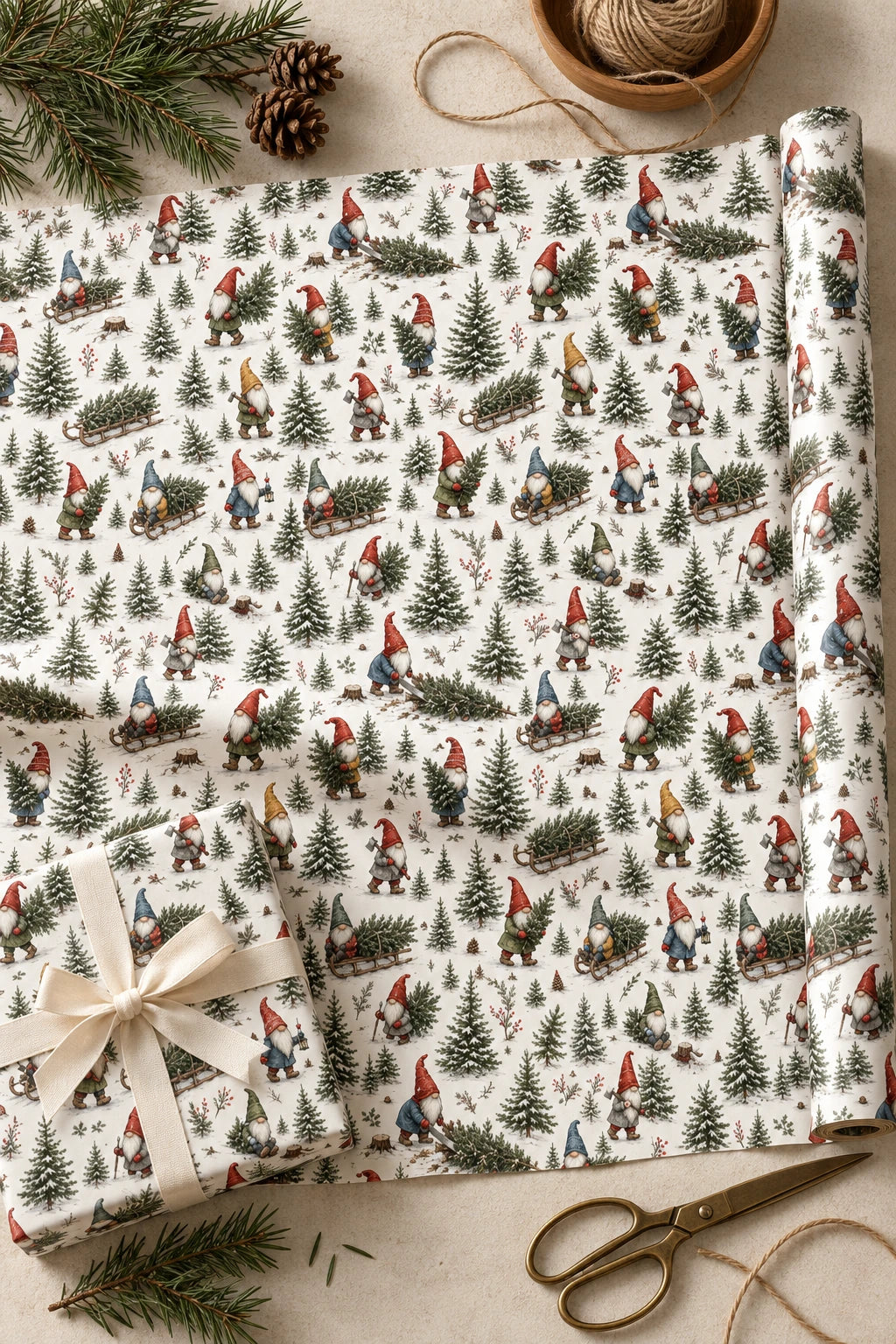 Tree Harvest gnome wrapping paper unrolled beside a cream-ribbon parcel and brass scissors.