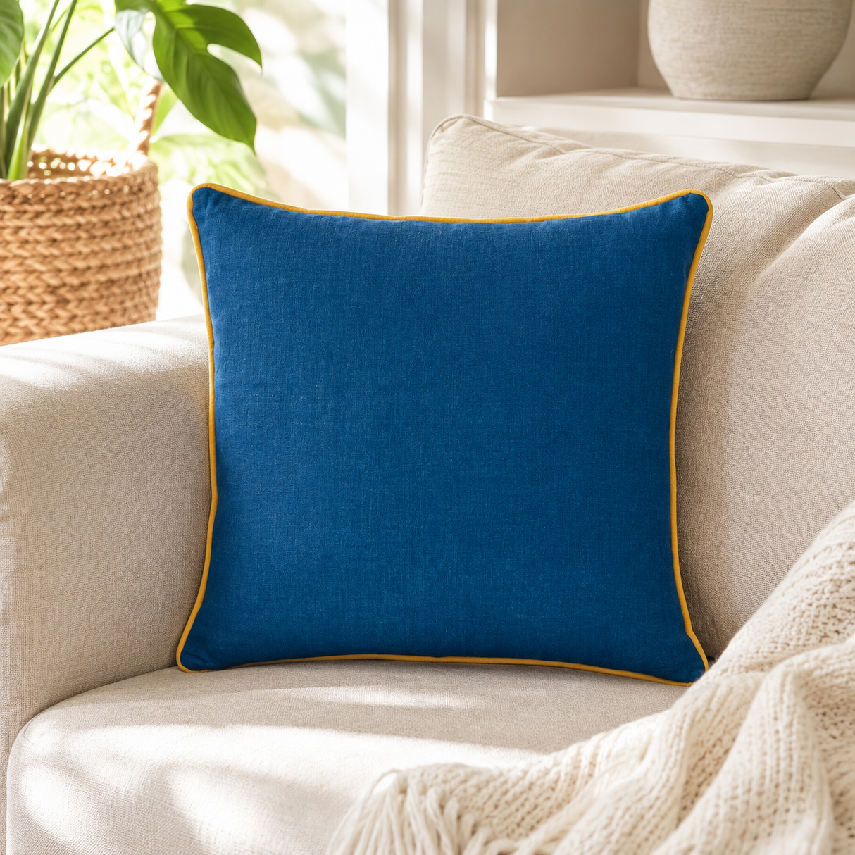 Plain deep blue linen cushion cover with mustard piping styled on a cream sofa.