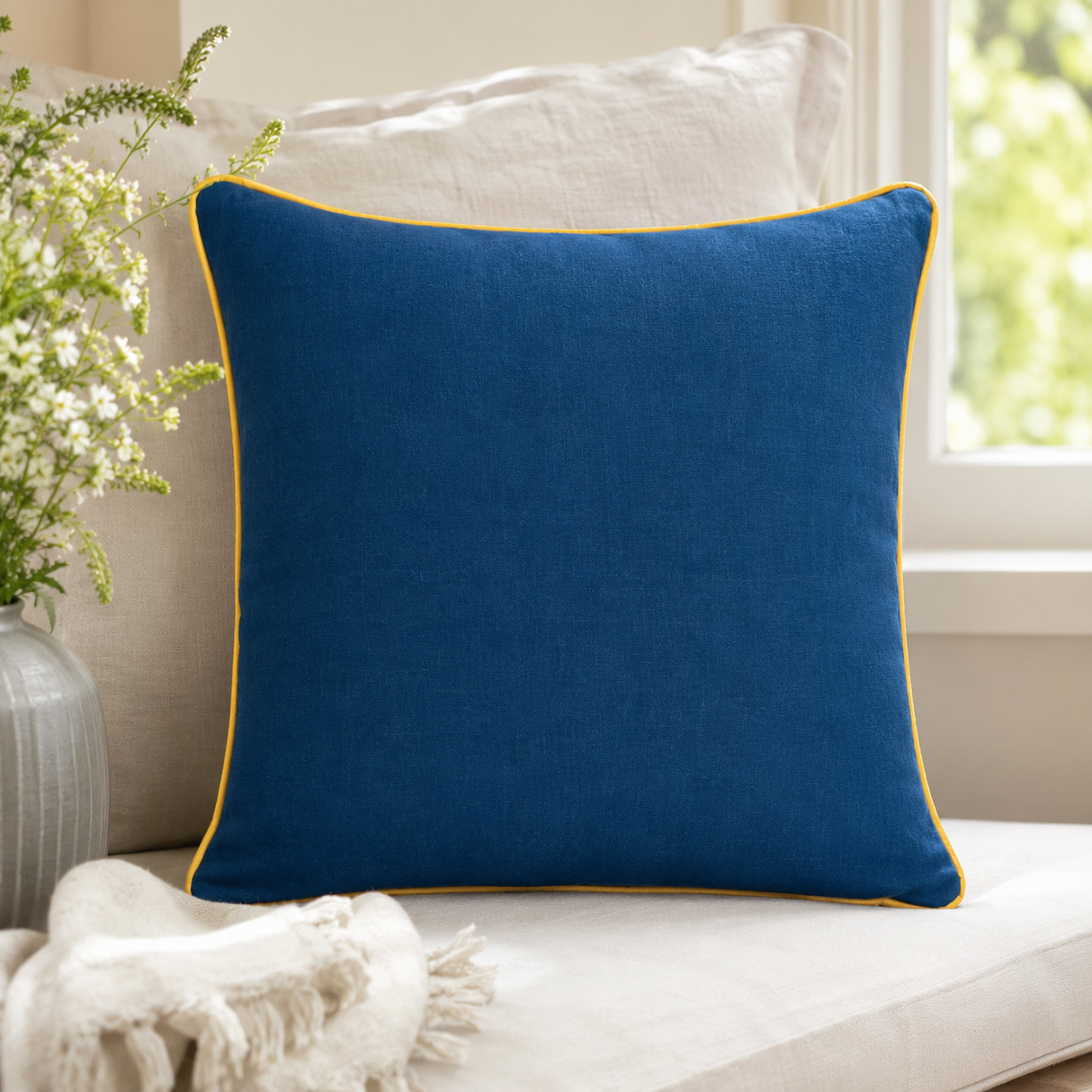 Plain deep blue linen cushion cover with mustard piping styled on a cream sofa.
