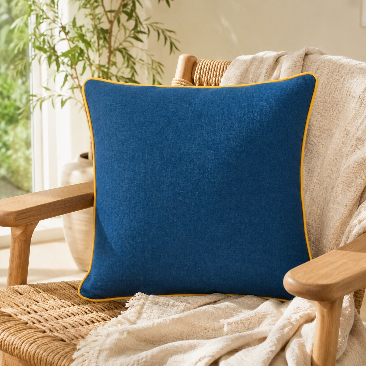 Plain deep blue linen cushion cover with mustard piping styled on a cream sofa.
