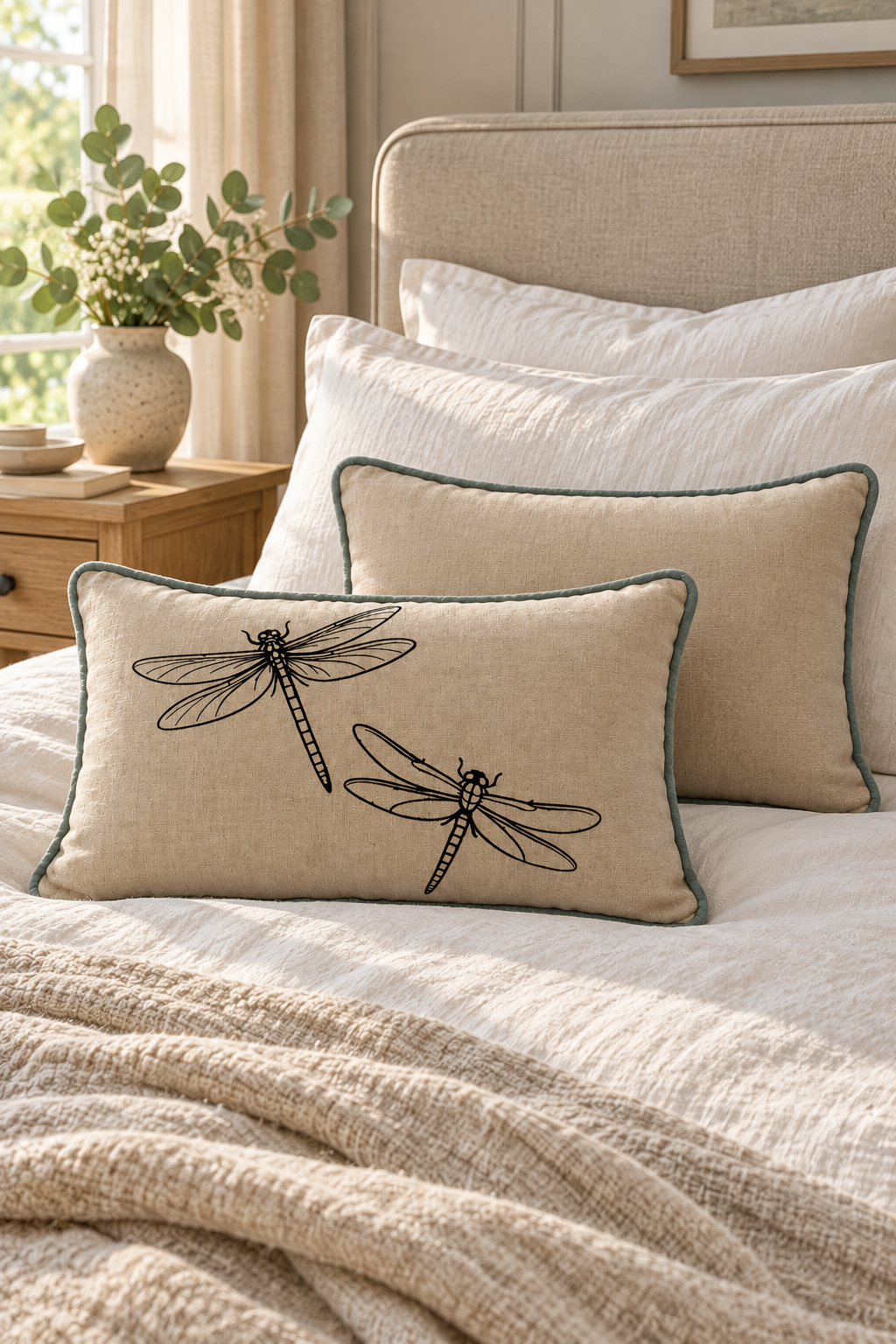 A linen cushion with black dragonfly print and a duck egg piping border, styled on a bed with other pillows and a textured blanket in a warm, neutral bedroom setting.