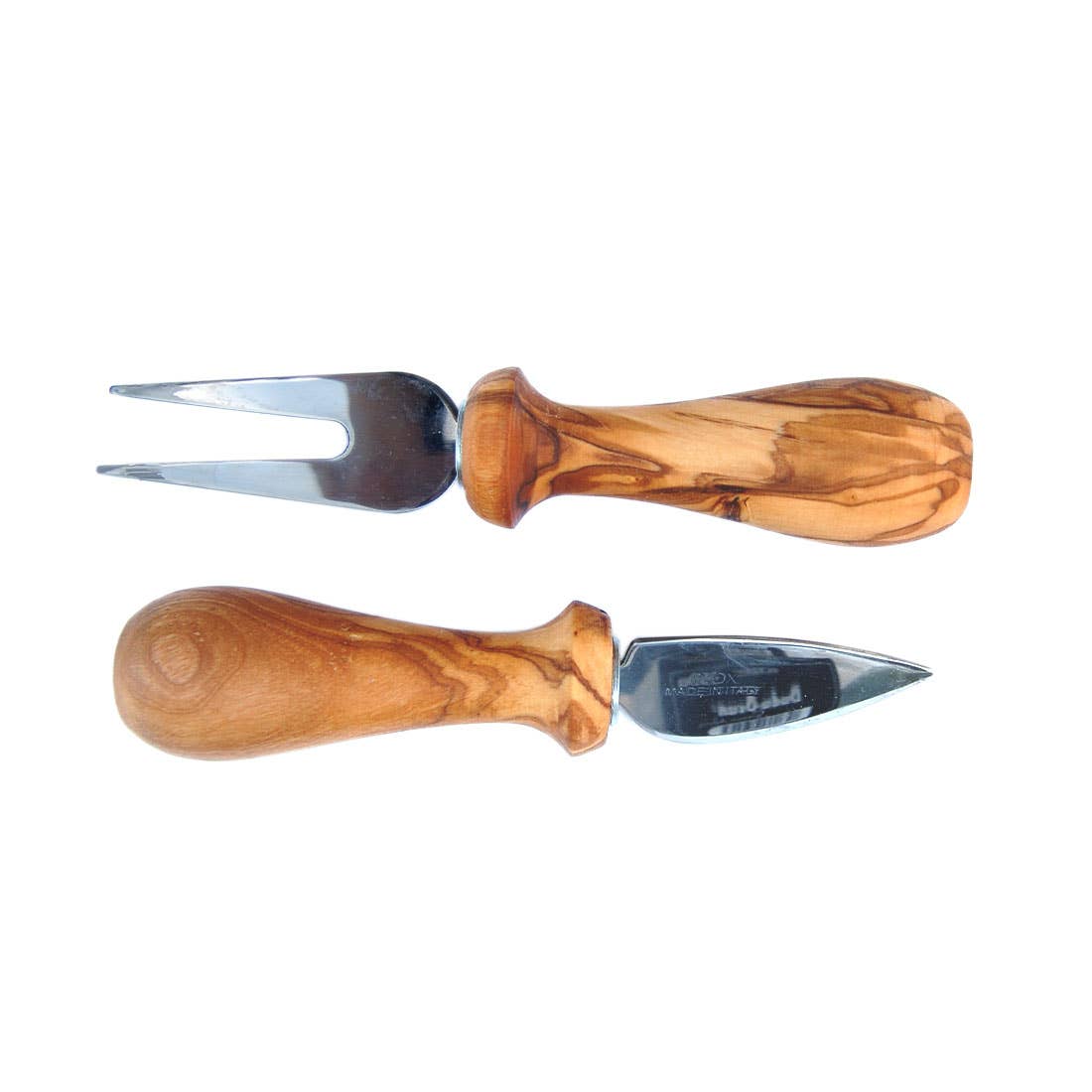 Set of wooden-handled cheese fork and knife on a white background