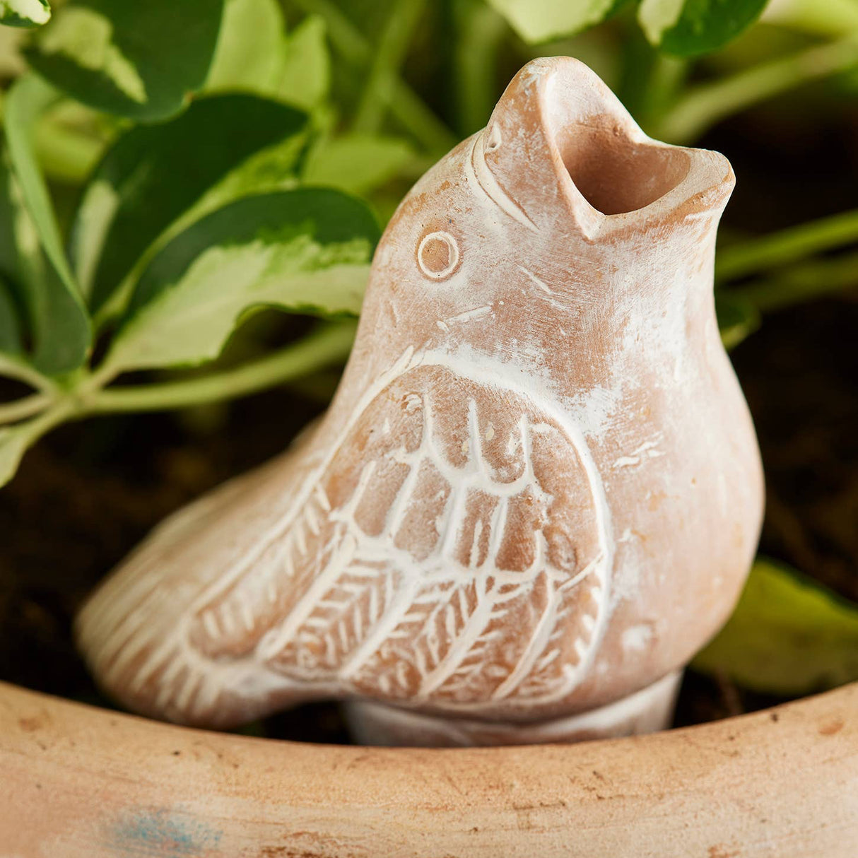 terracotta bird-shaped object with a natural finish on a wooden surface with green leaves in the background