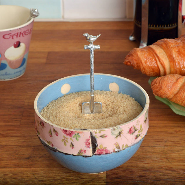 Robin on a Spade Pewter Small Sugar Spoon