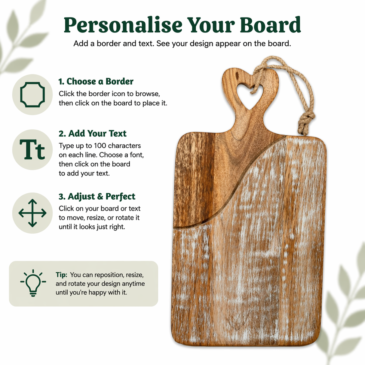 Personalise Your Own Small Mango Wood Chopping Board with Heart Detail