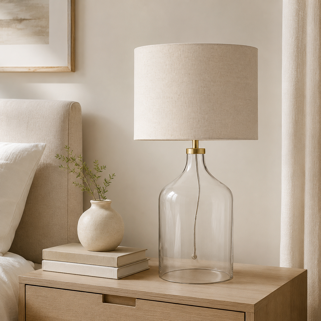 Decorative lamp with a clear glass base and beige shade on a nightstand next to a bed.