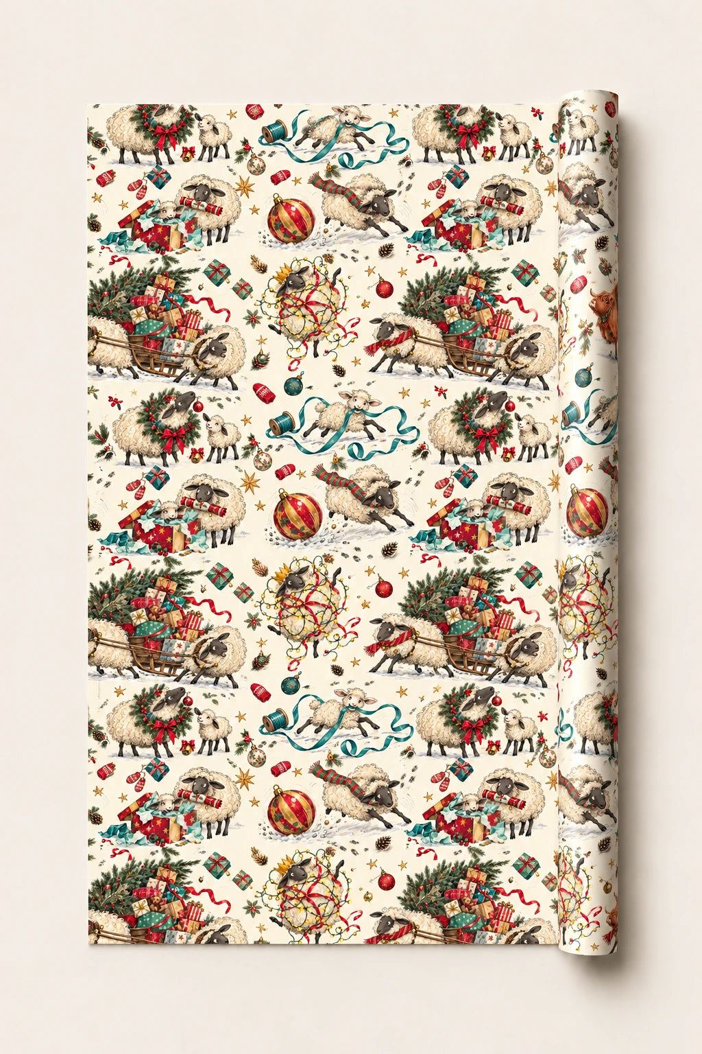 Festive sheep Christmas wrapping paper roll with sheep, fairy lights, gifts and sleighs on a cream background.