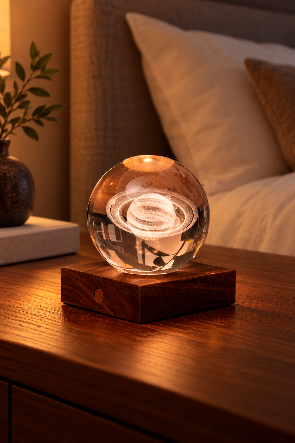 Saturn crystal lamp glowing on a wooden bedside table beside cream bedding and a linen headboard, with its copper touch button visible.