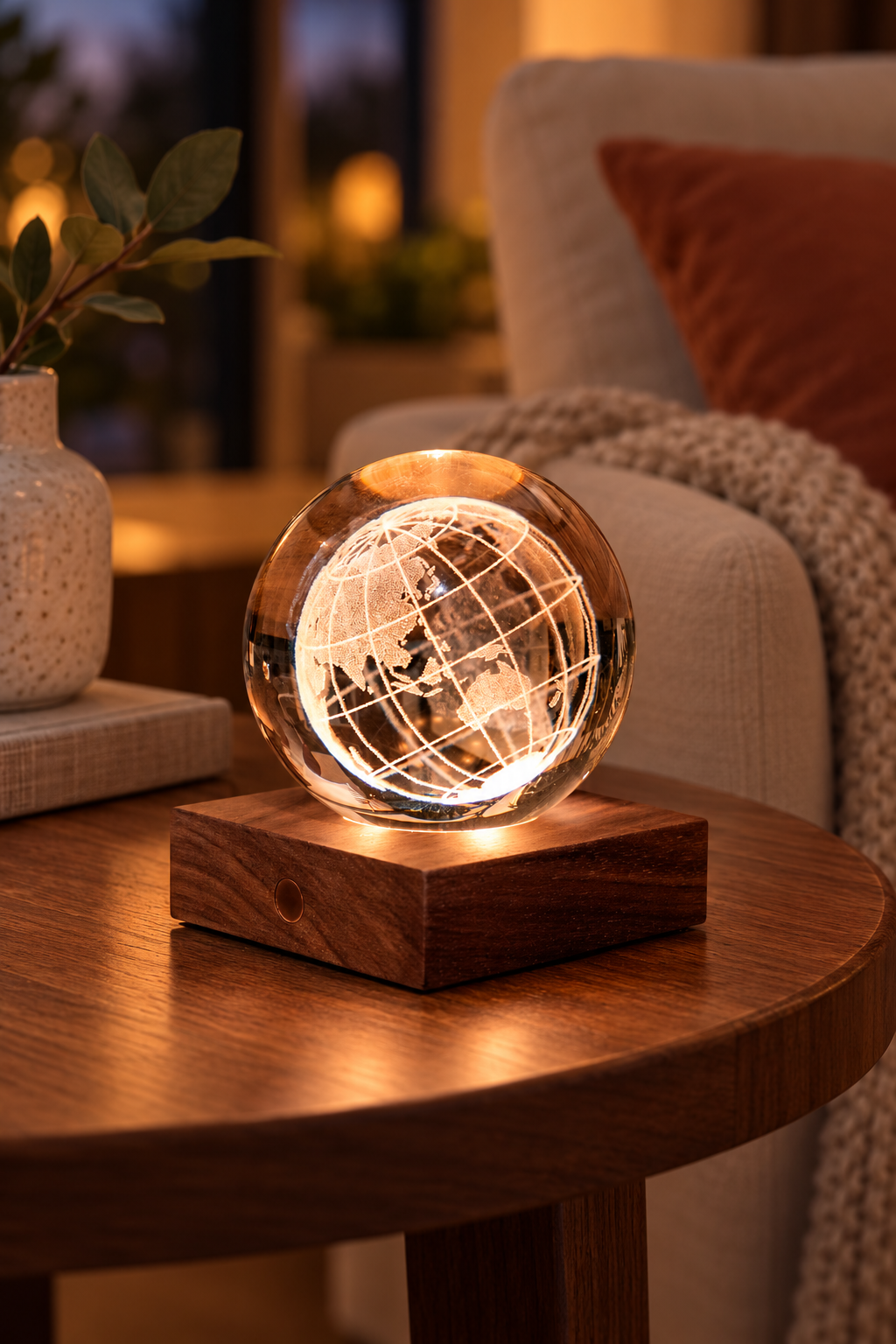 World Globe crystal lamp glowing on a walnut side table beside a cream armchair, terracotta cushion and knitted throw.