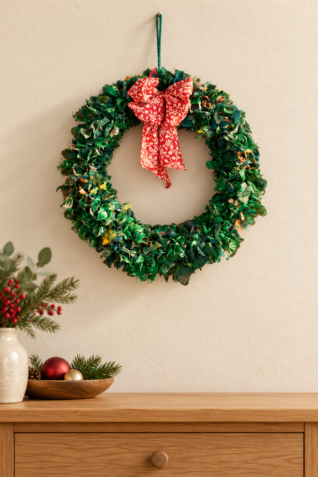 Handmade green sari wreath displayed above a console table