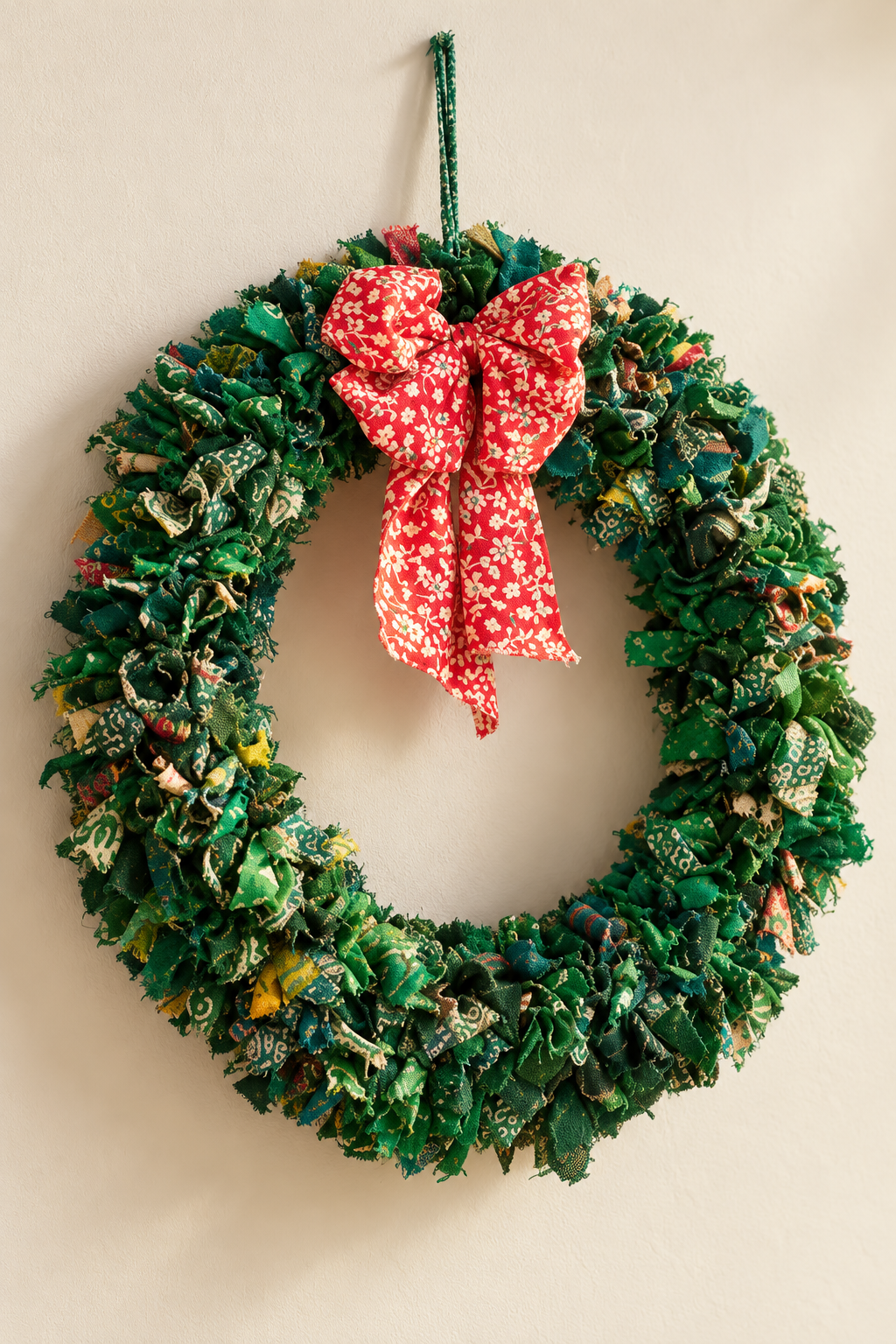 Close-up of patterned recycled fabric in a green sari wreath