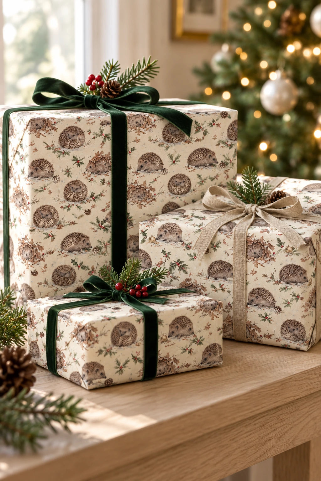Three presents wrapped in cream hedgehog Christmas paper with winter foliage, finished with green and natural ribbon.