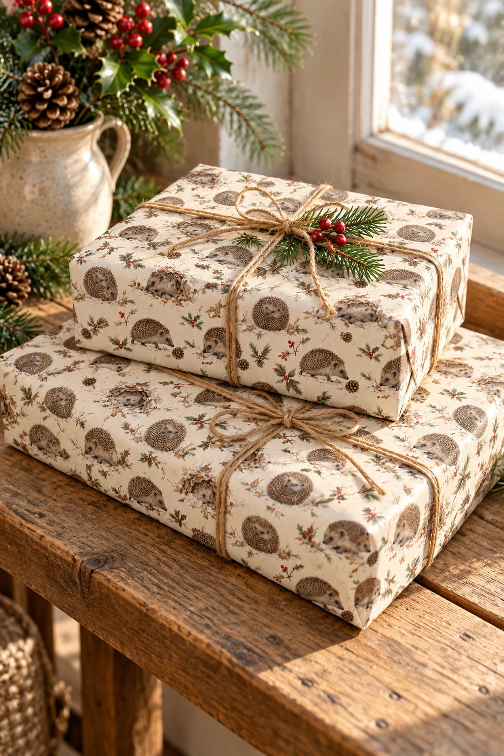 Stacked hedgehog Christmas parcels with natural twine beside a bright cottage window.