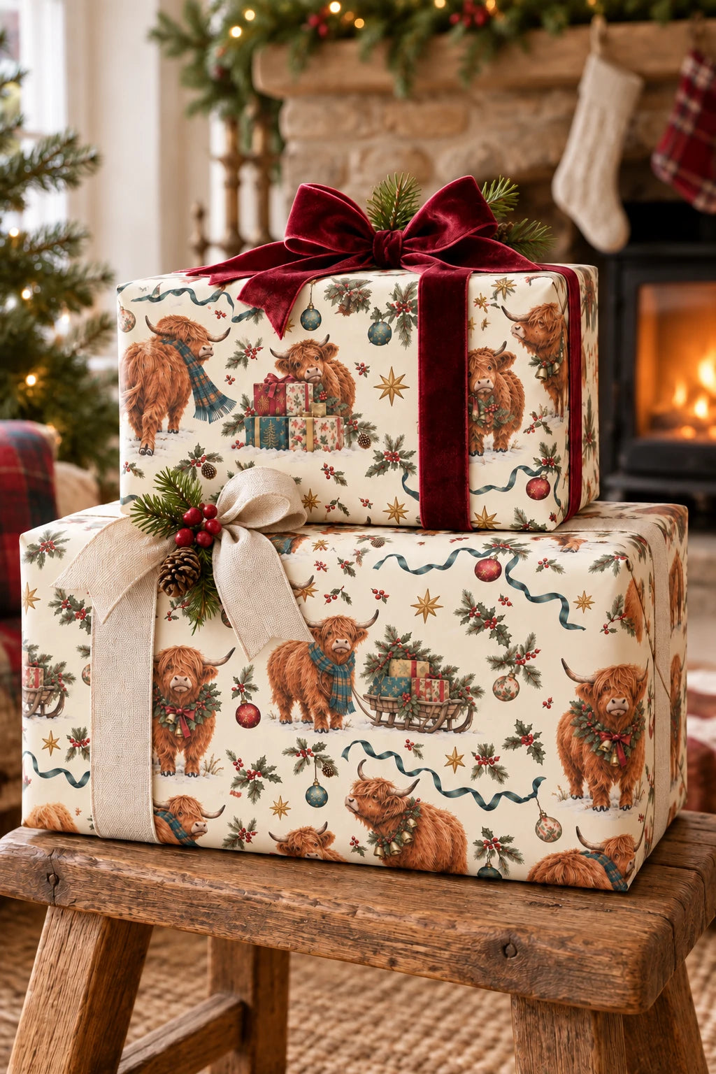 Large-pattern Highland cow Christmas gift wrap on ribbon-tied parcels beside a cosy fireplace