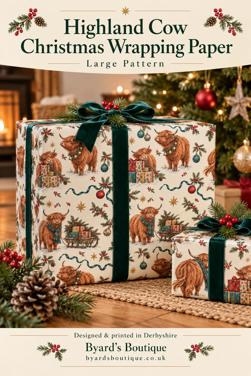 Byard’s Boutique Highland cow Christmas wrapping paper Pinterest design showing the large pattern on wrapped gifts