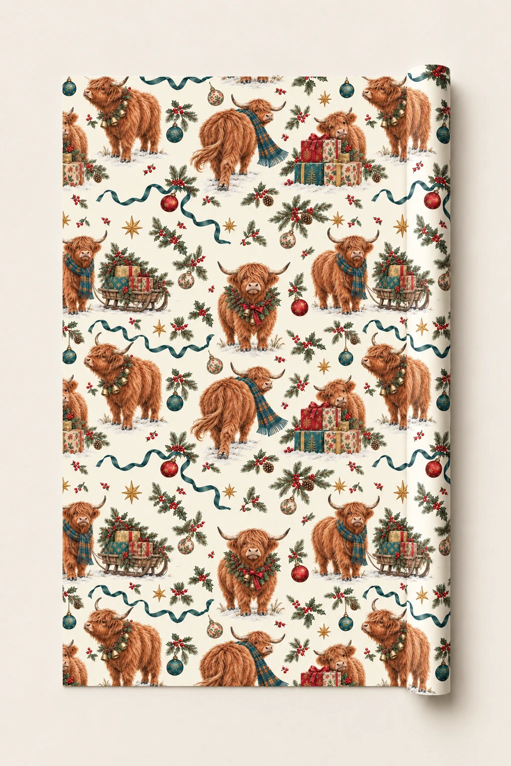 Large-pattern Highland cow Christmas wrapping paper roll with festive cows, presents and holly on a cream background