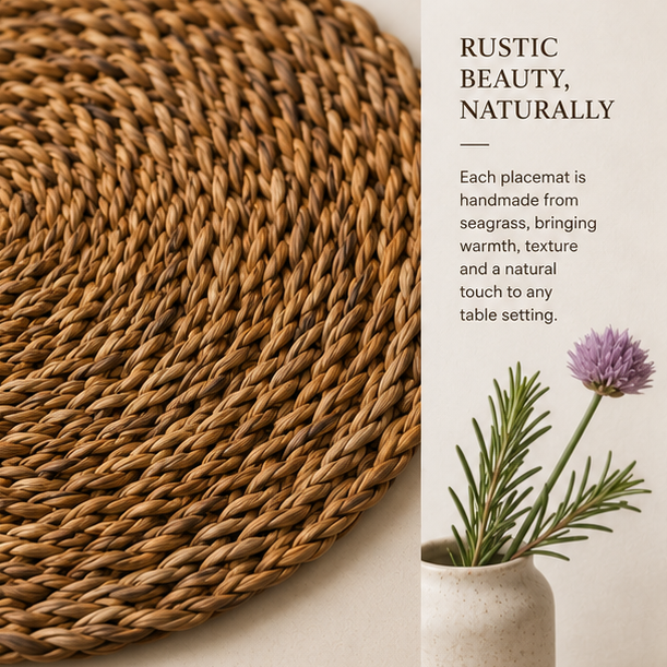 Woven placemat with text about rustic beauty and handmade seagrass placemats.