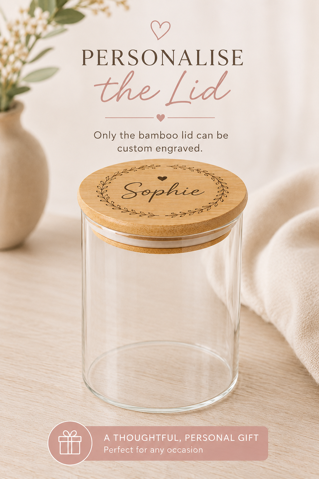 Personalised Scandi Glass Storage Jar with Wooden Lid – Engraved Kitchen Storage Jar
