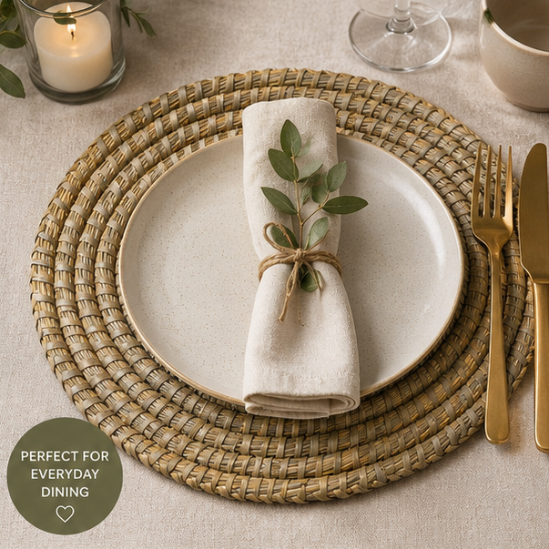 Dining table setting with woven placemat, white plate, gold cutlery, and candle.