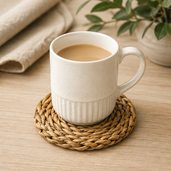 White mug with coffee on a woven coaster on a wooden table with a plant in the background