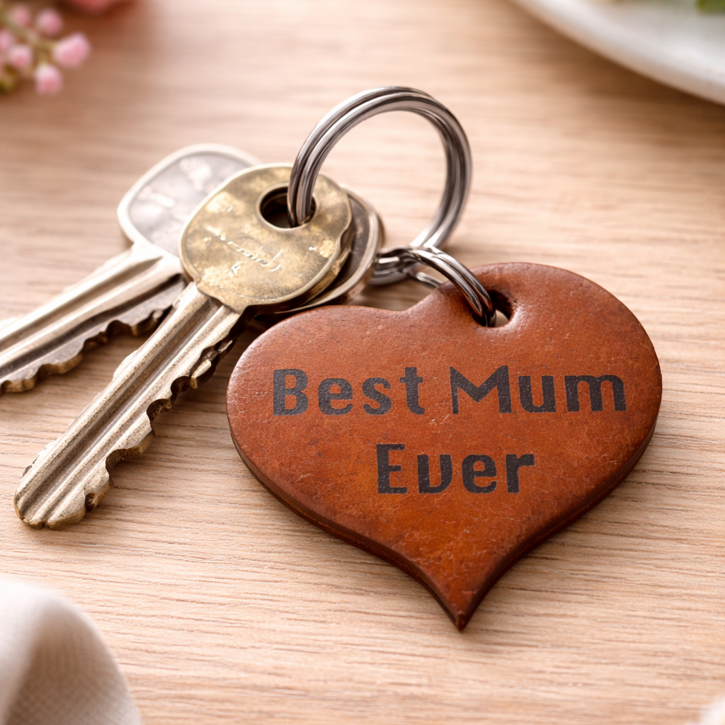 Heart-shaped keychain with 'Best Mum Ever' text on a wooden surface with keys.
