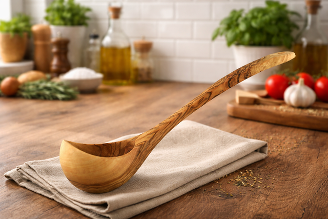 Olive Wood Ladle – Wooden Serving & Cooking Spoon (30cm) with Optional Personalised Engraving