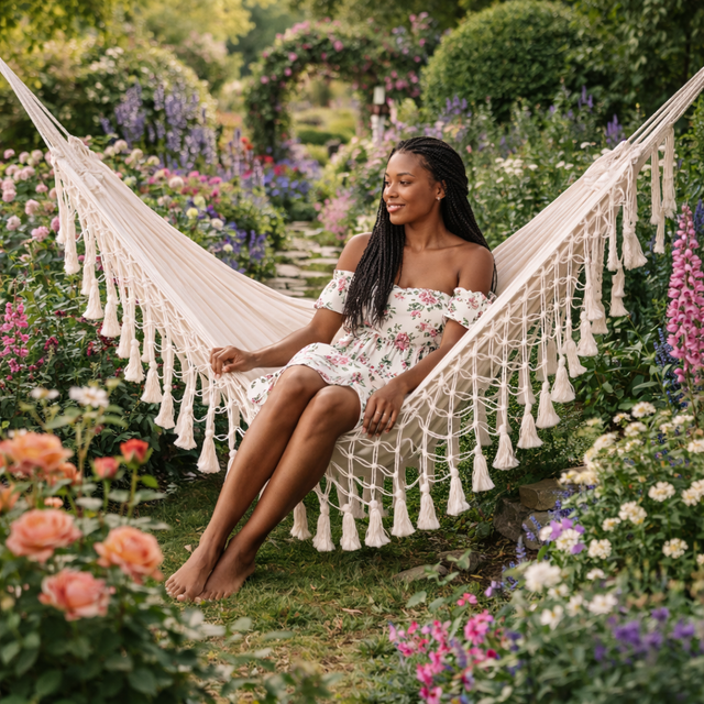 Woman sitting in a macrame hammock surrounded by a garden with flowers