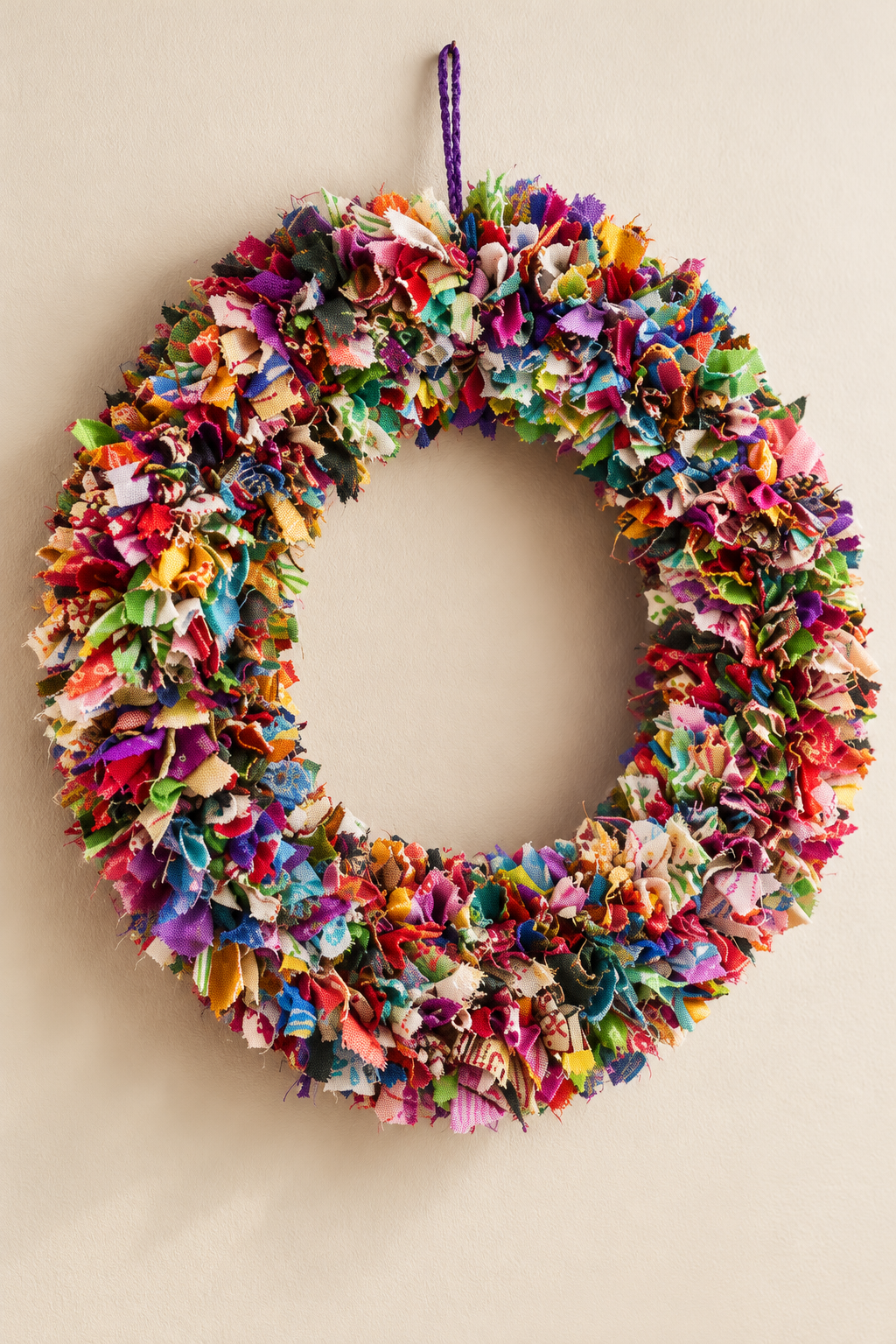 Close-up of mixed patterned recycled textiles in a sari wreath