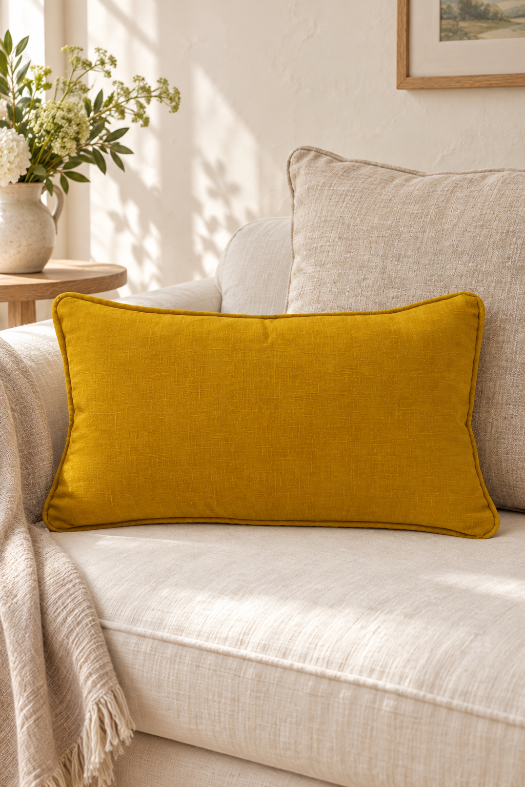 A mustard yellow rectangular linen lumbar pillow resting on a light beige sofa in a sunlit living room setting.