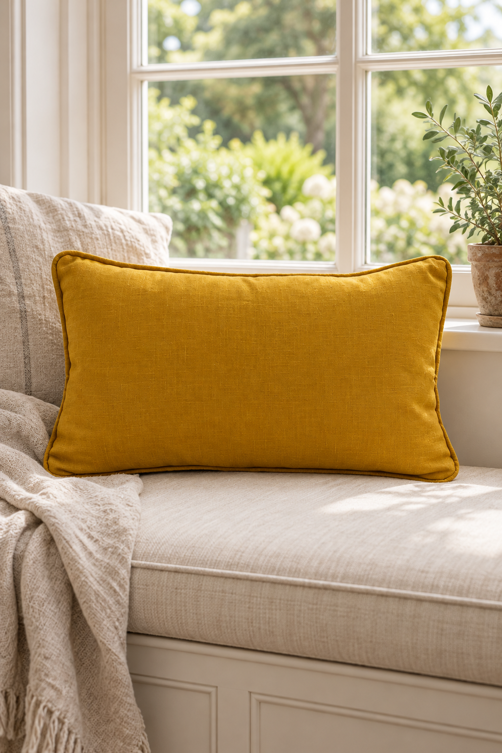 A mustard yellow rectangular linen pillow resting on a light beige upholstered window seat with a cream throw blanket, set in front of a bright window with green foliage visible outside.