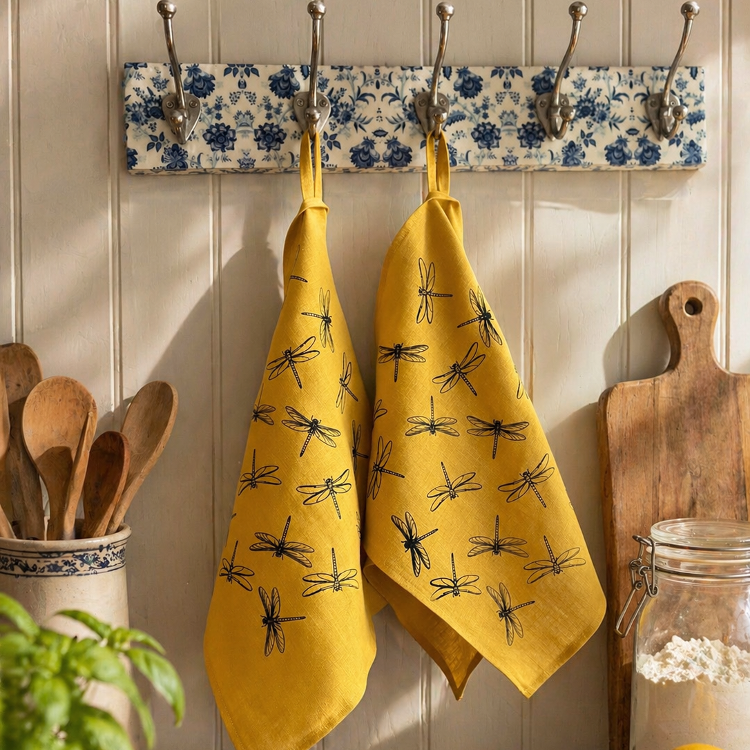 Yellow linen tea towels with hand printed black dragonfly patterns hanging on a floral rack in a kitchen.