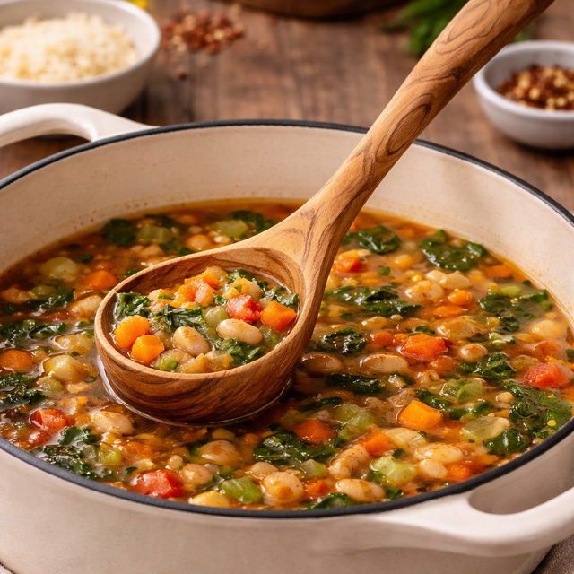 Vegetable soup in a pot with a wooden spoon, surrounded by small bowls of ingredients on a wooden surface.
