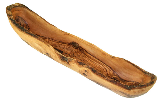 A rustic olive wood bread bowl measuring approximately 35–39cm, ideal for serving bread, fruit, snacks, nibbles and antipasti. Each bowl varies naturally in grain, tone, shape and size.