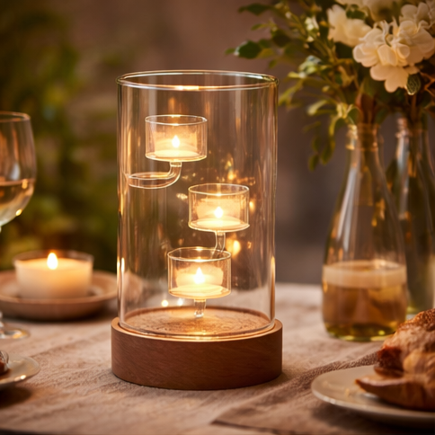 glass candle holder with wooden base