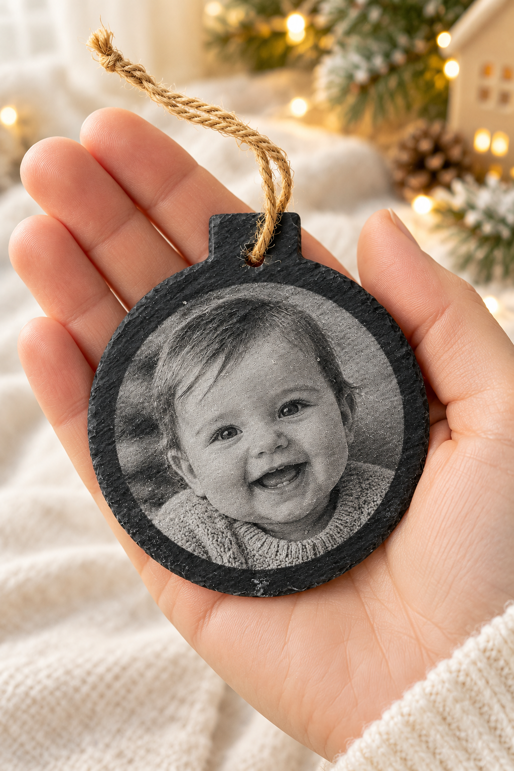 Personalised slate Christmas bauble with an engraved baby photograph, held in a hand to show its size.