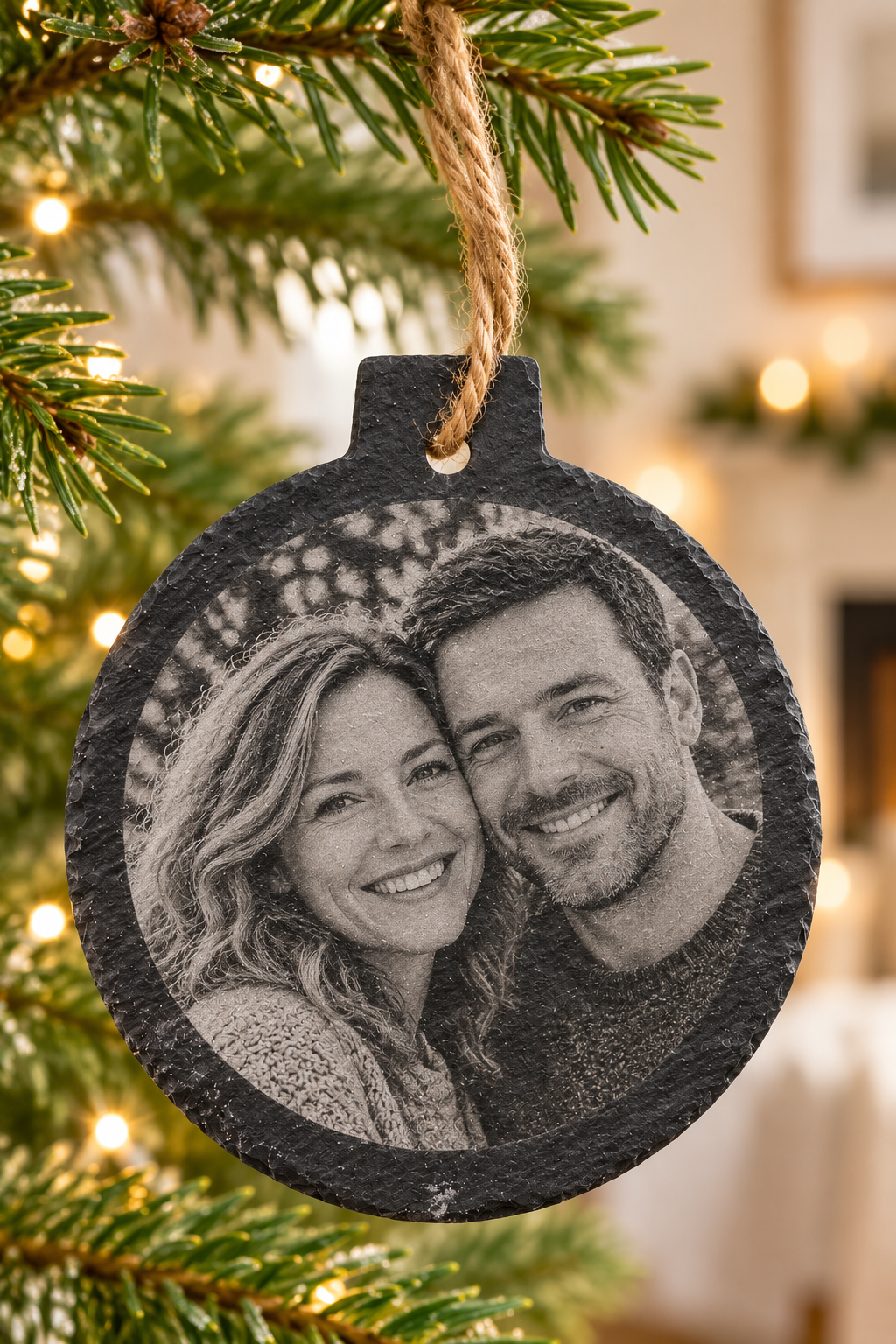 Personalised slate Christmas bauble with an engraved couple photograph, hanging from a fir branch by a jute loop.