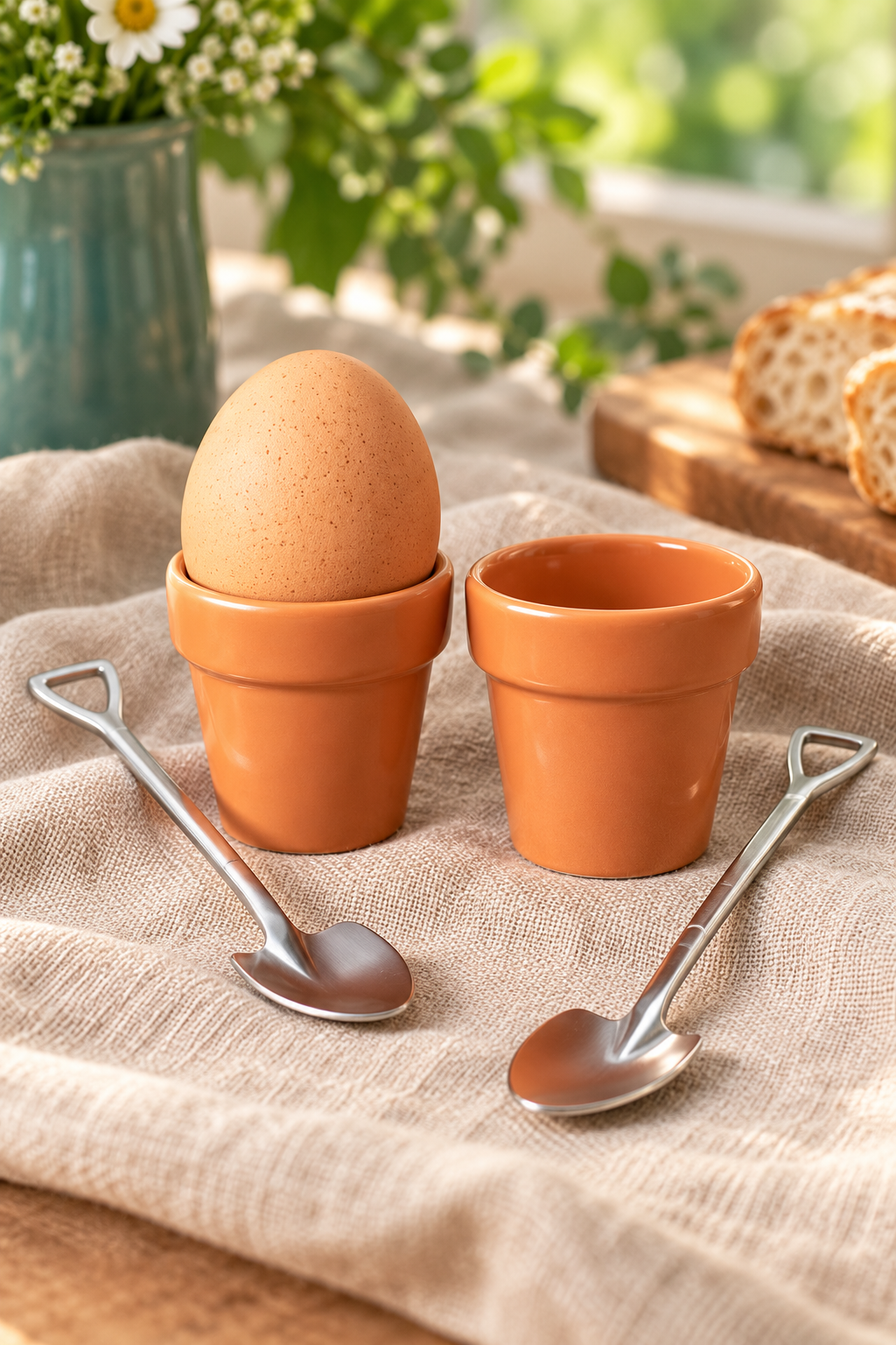 Close-up of orange ceramic plant pot egg cups and matching shovel spoons
