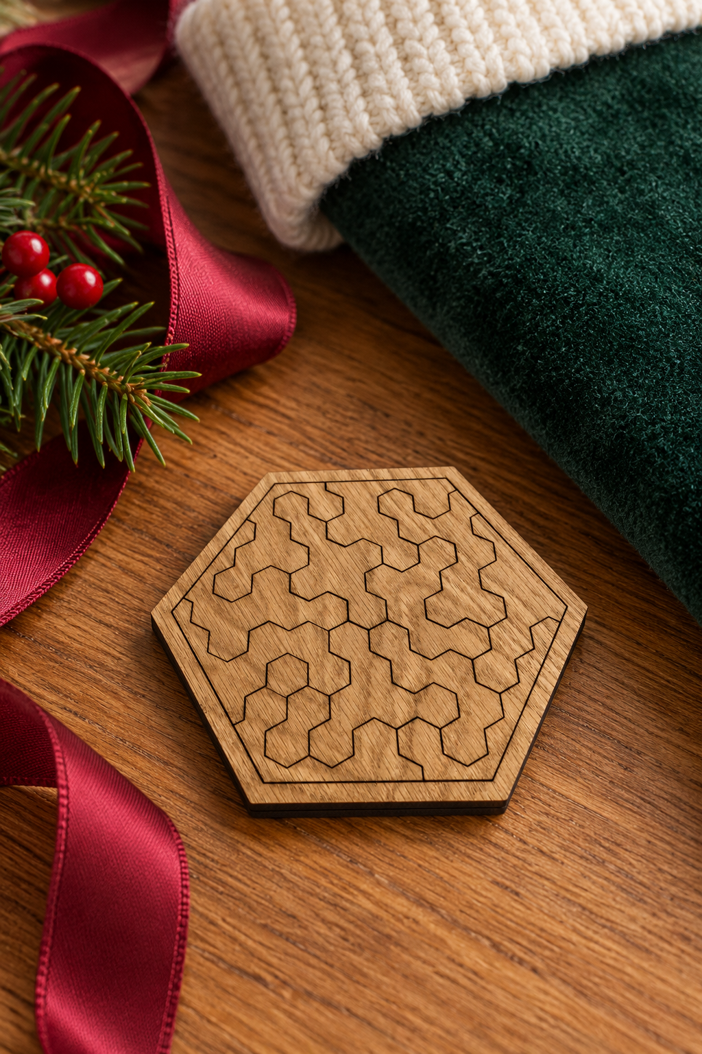 Small Pocket Hex wooden puzzle beside a forest-green Christmas stocking, burgundy ribbon and fir sprigs.