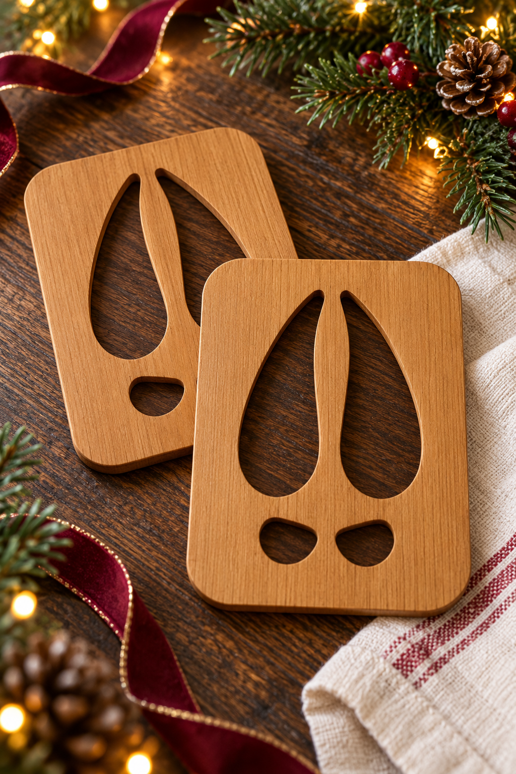 Pair of reusable wooden reindeer hoof stencils styled with festive greenery and ribbon for Christmas Eve.