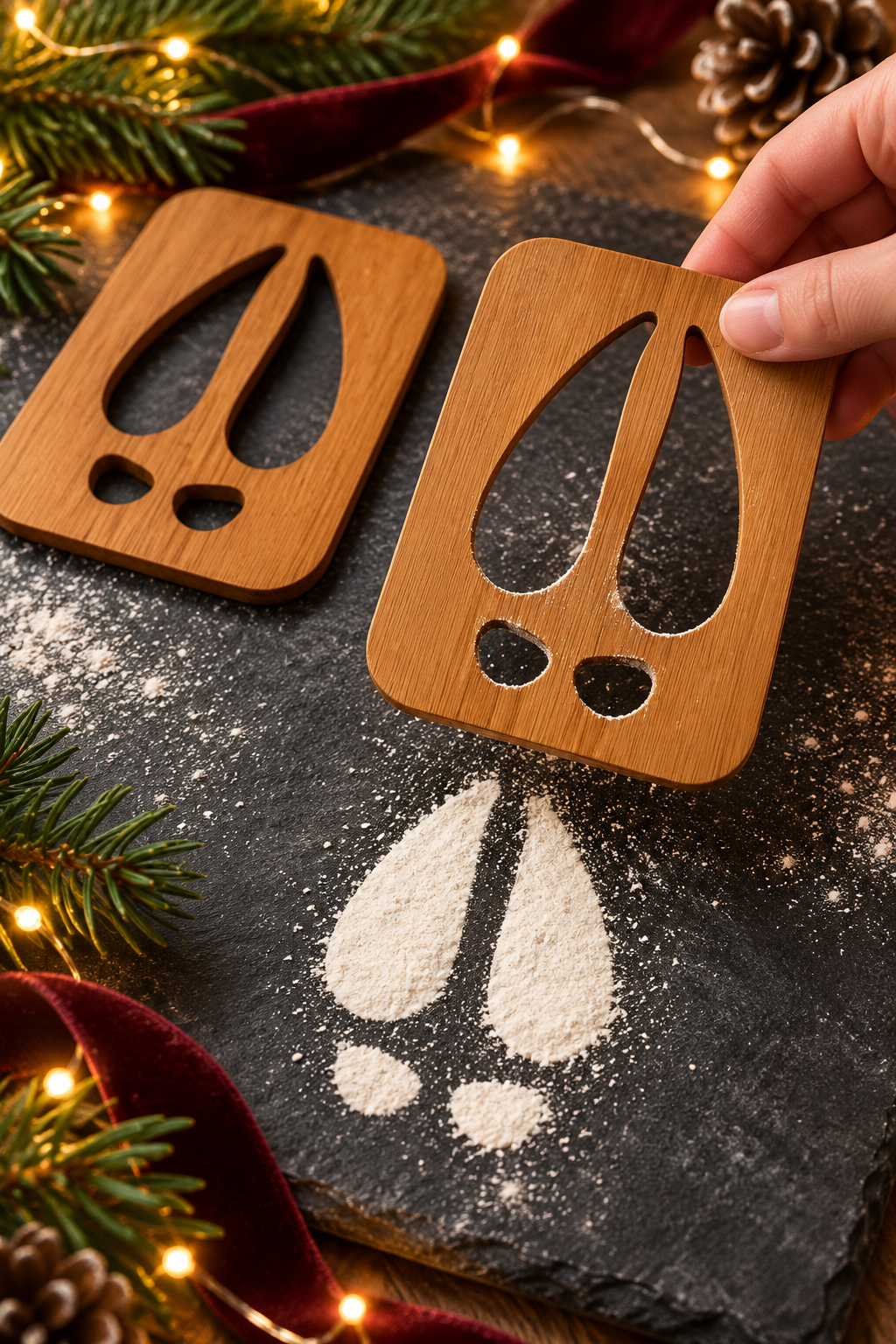 Lifting a wooden reindeer hoof stencil to reveal the cloven hoof and dewclaw print beneath.