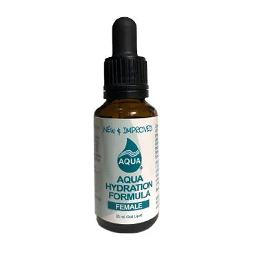 A bottle of Aqua Hydration Formula Female with a dropper, against a white background.