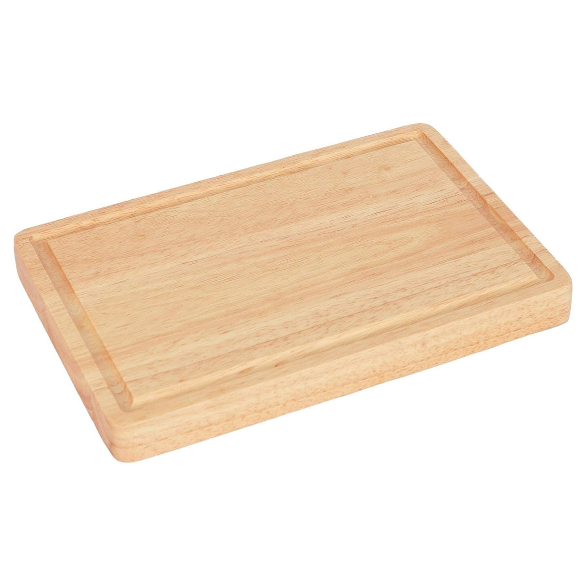 Angled view of the blank 30 × 20cm rubberwood butcher’s block on white, showing its rectangular surface, rounded corners and juice groove.