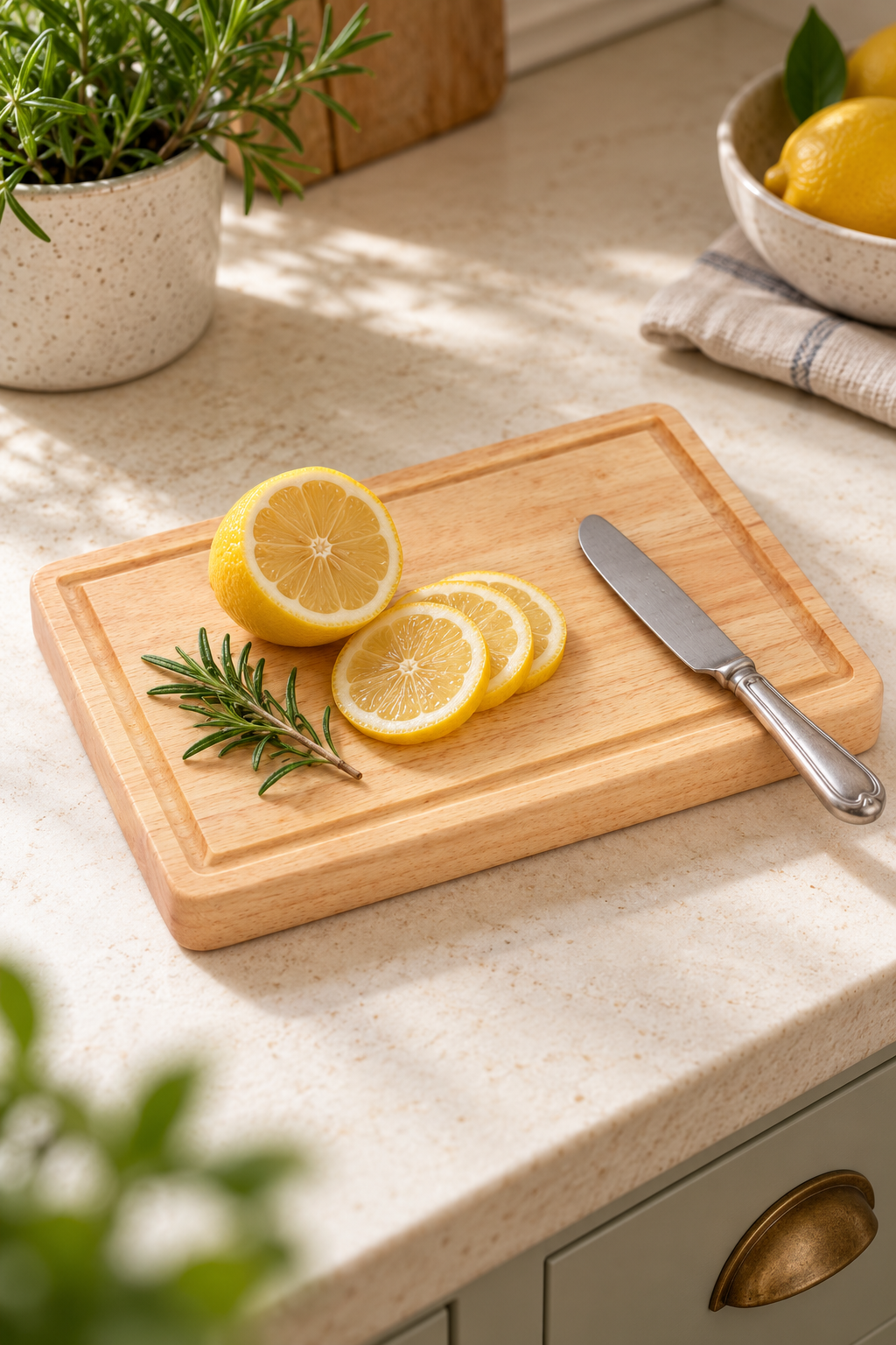30 × 20cm rubberwood chopping board with sliced lemon, a sprig of rosemary and a knife on a sunlit kitchen worktop.