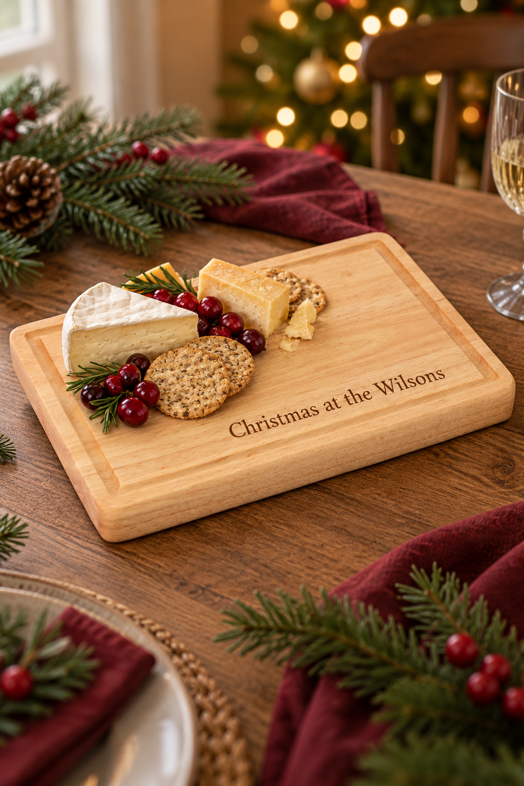 30 × 20cm rubberwood butcher’s block engraved “Christmas at the Wilsons”, serving cheese and crackers on a festive dining table.