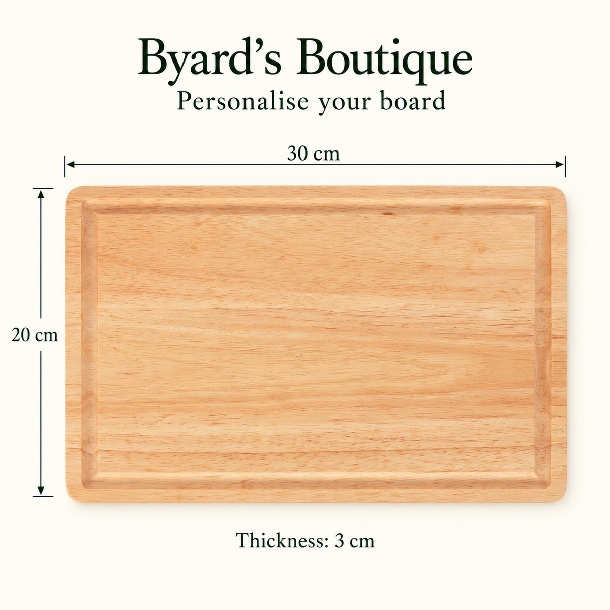 Front view of the blank rubberwood butcher’s block showing its 30cm width, 20cm depth, 3cm thickness and juice groove.