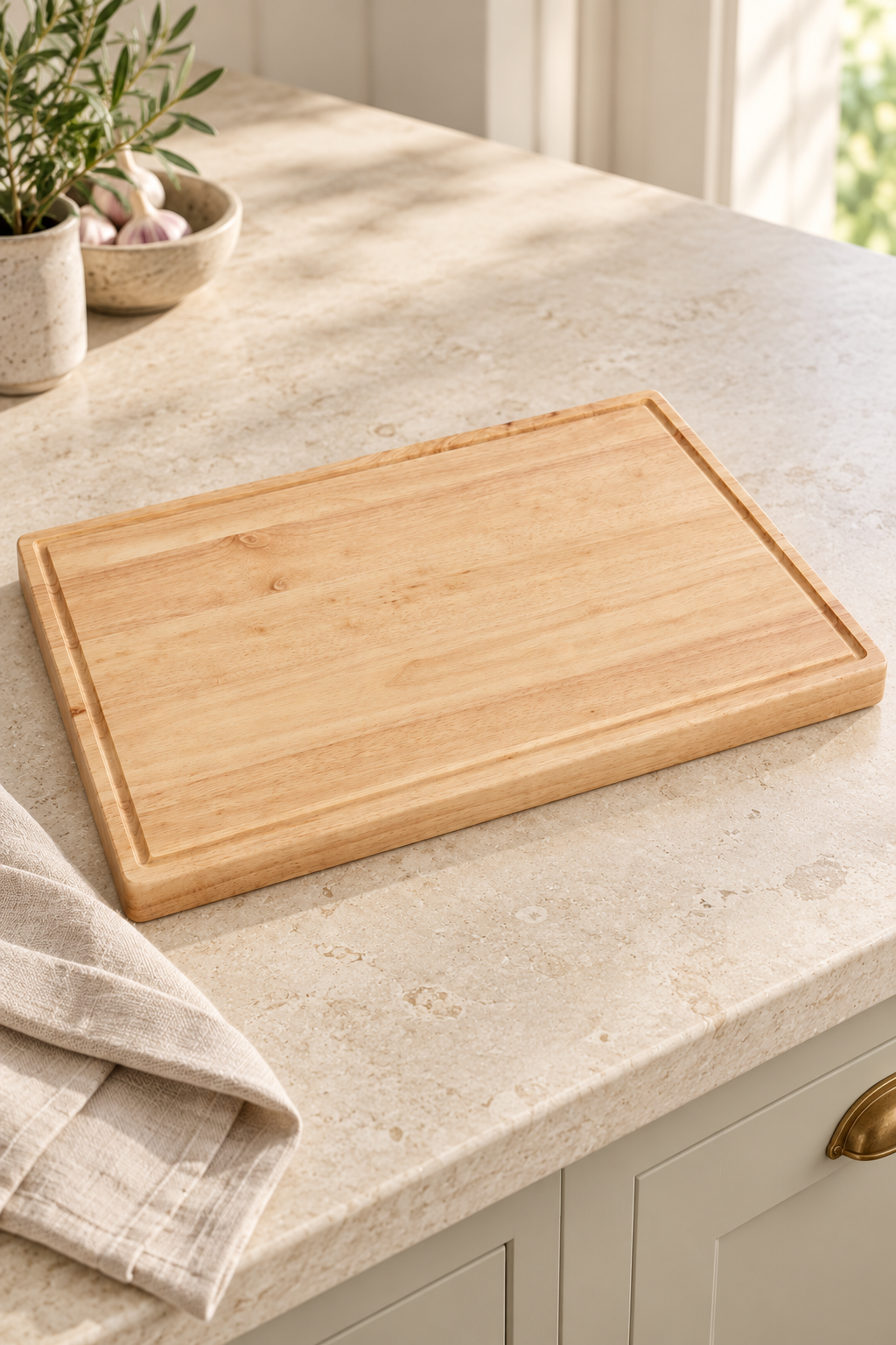 Blank 60 × 40cm rubberwood butcher’s block with a recessed border on a pale kitchen worktop beside a linen cloth.