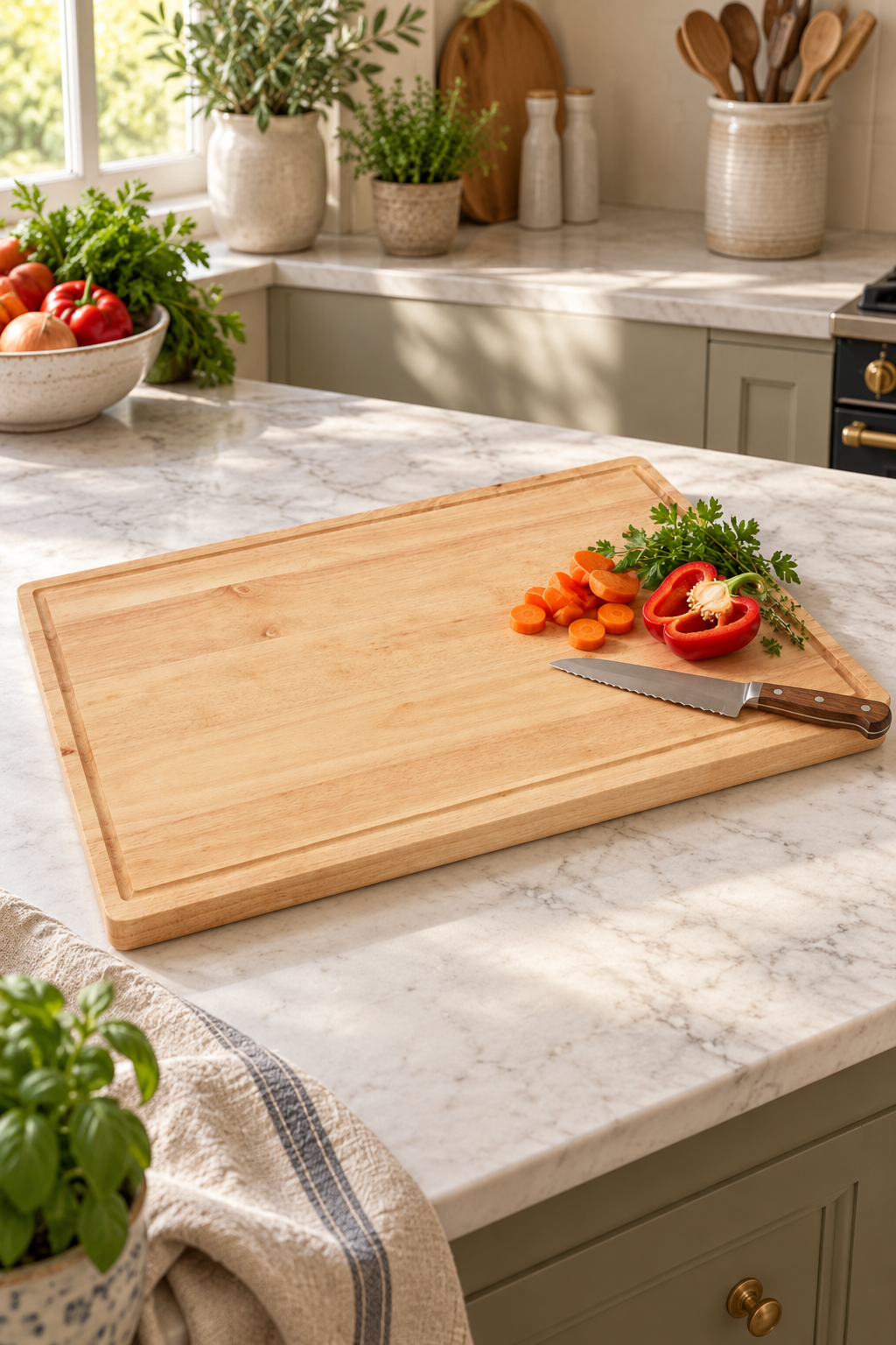 60 × 40cm rubberwood chopping board on a kitchen island with sliced carrot, red pepper, parsley and a kitchen knife.