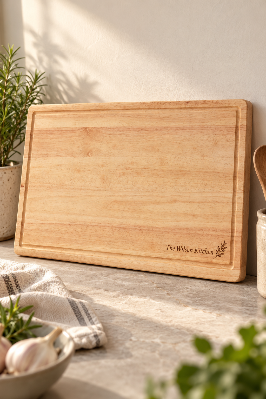 60 × 40cm rubberwood butcher’s block standing on a kitchen worktop, engraved “The Wilson Kitchen” with a small leafy motif.